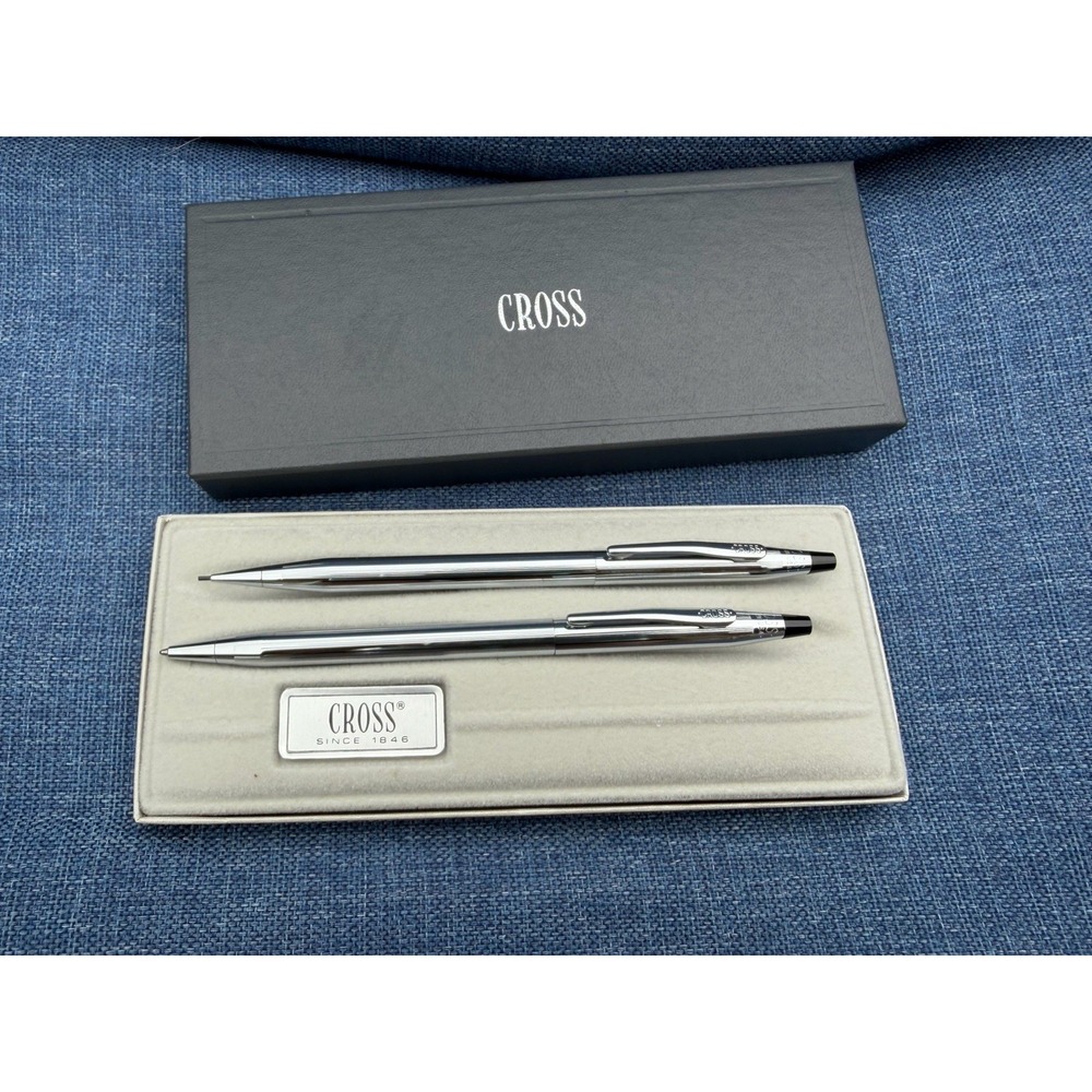 Vintage Cross Pen Set 3501 Ballpoint Pen & Mechanical Pencil Chrome Boxed